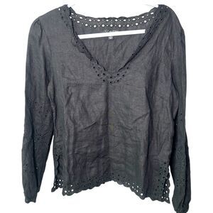 J.Crew black long-sleeve 100% linen top with eyelet neckline boho XS